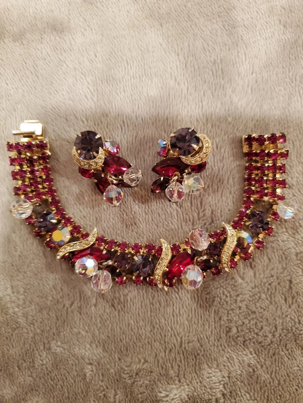 Vintage Kramer Gold-Tone Red & Purple Bracelet with Matching Clip-On Earring